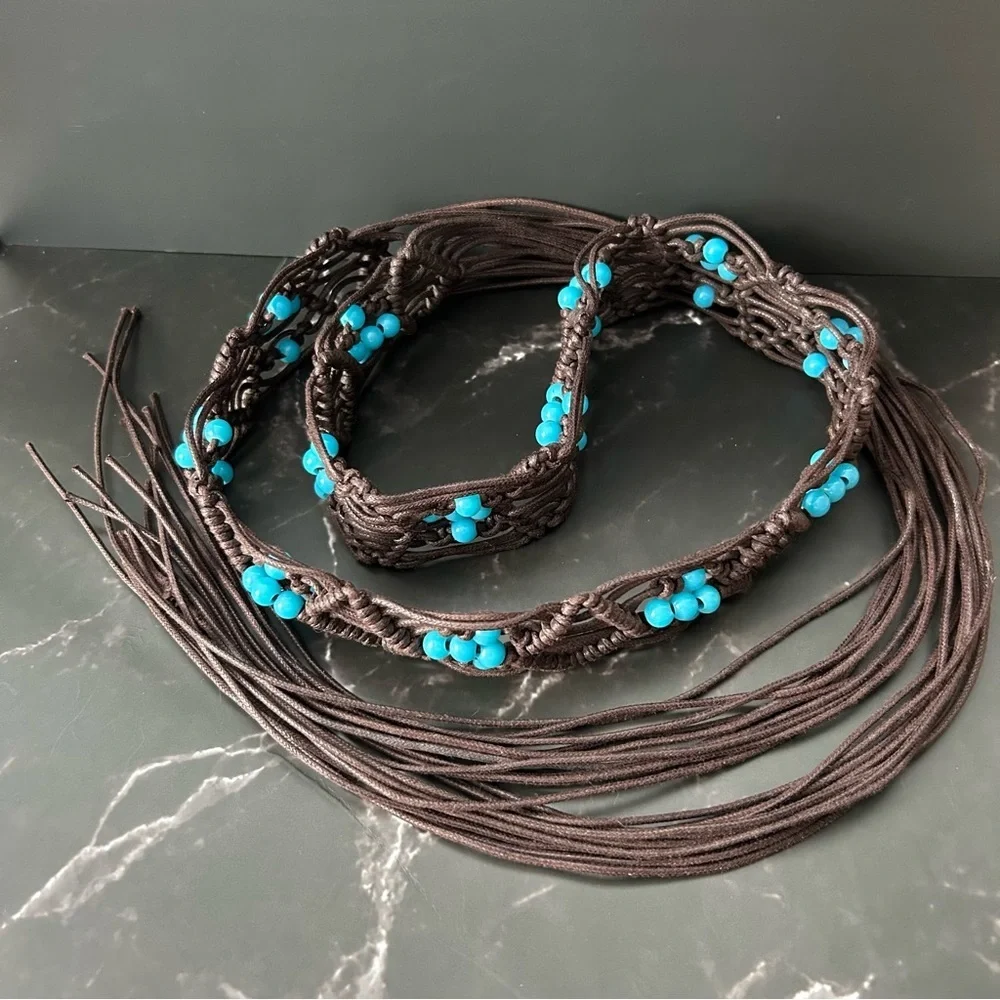 Vintage Artisan Brown and Blue Beaded Belt